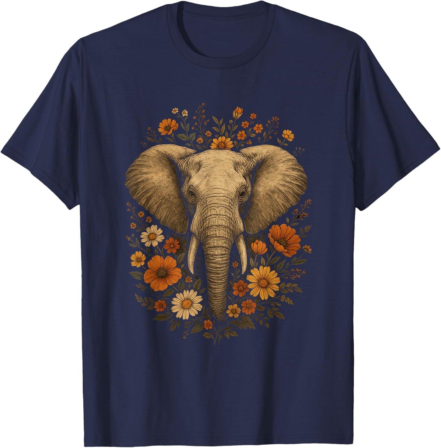 Boho Elephant for Vintage Floral Elephant Wildflowers Lovers T-Shirt - T-Shirt | Navy