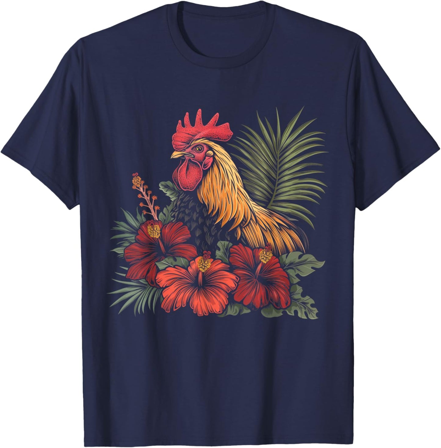 Chicken Hawaiian Flowers Rooster Kauai Hawaii Vintage T-Shirt - T-Shirt | Navy