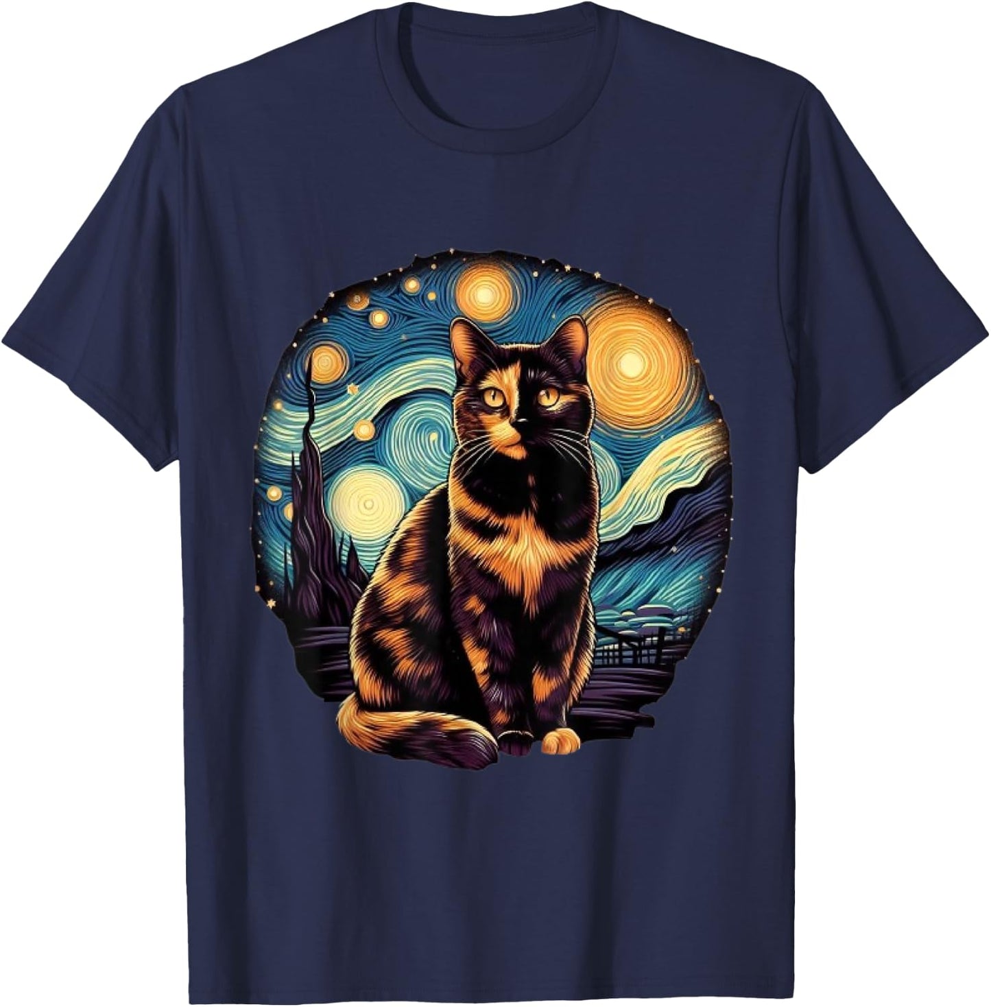 Tortoiseshell Tortie Starry Night Kitty Cat Art Men Women Kids T-Shirt - T-Shirt | Navy