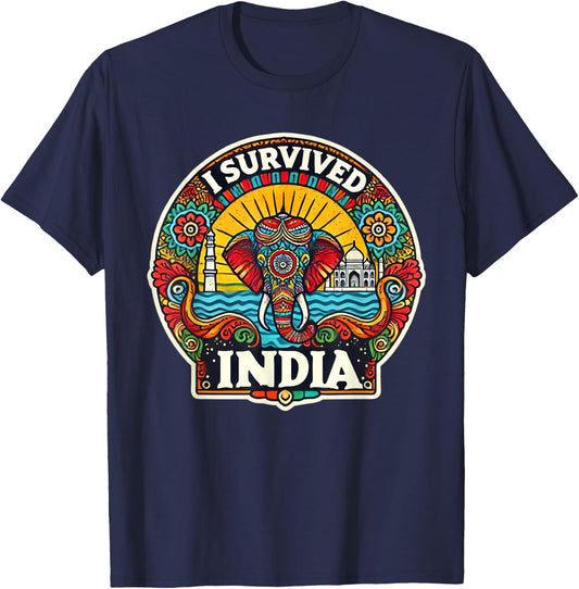 Vibrant 'I Survived India' Design with Elephant and Landmark T-Shirt - T-Shirt | Navy