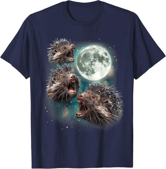 Three Porcupine Moon | Funny 3 Howling Quill Pig Parody Meme T-Shirt - T-Shirt | Navy