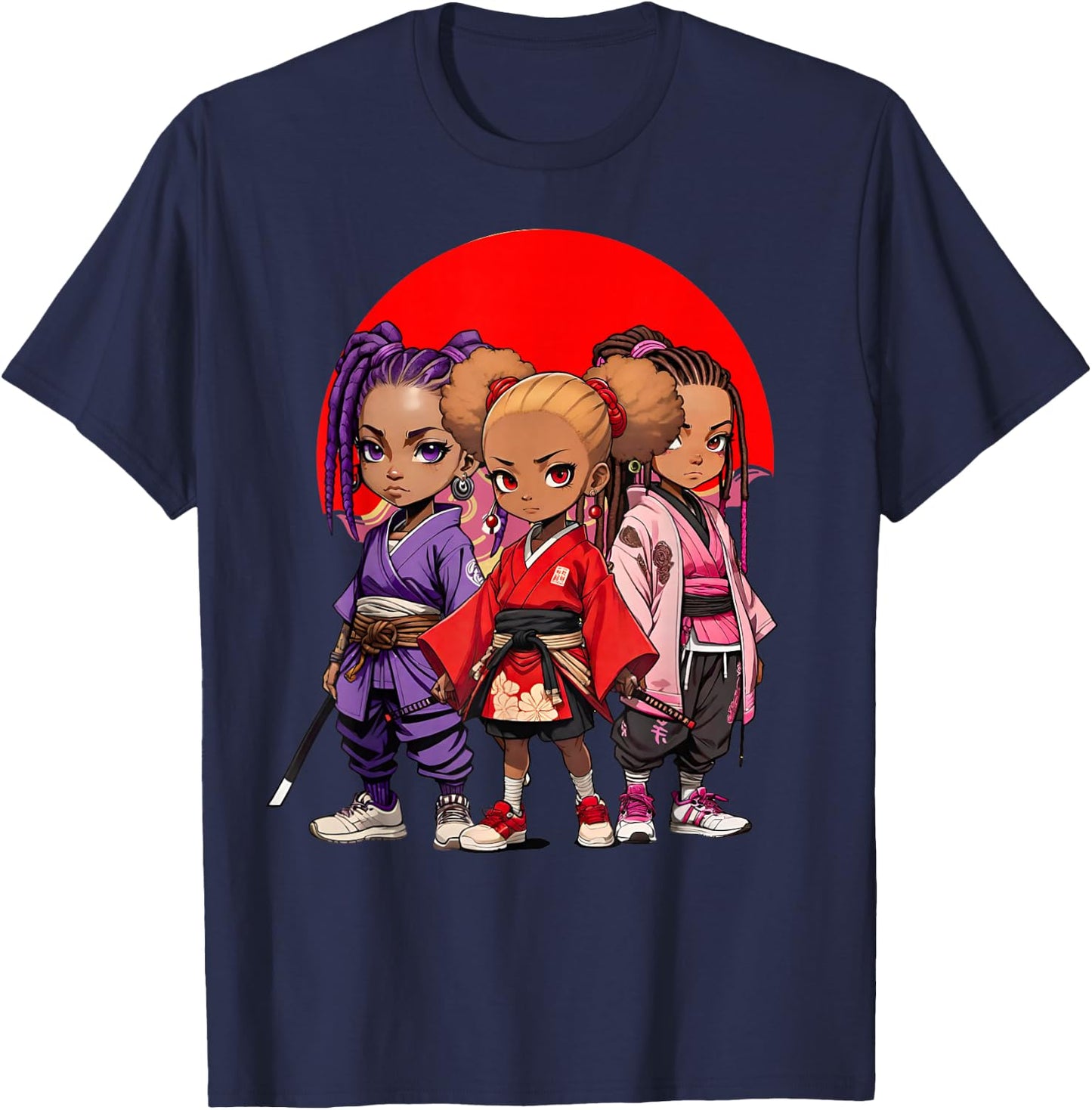 Samurai Girls Anime Afro | Japanese Retro Style Natural Hair T-Shirt - T-Shirt | Navy