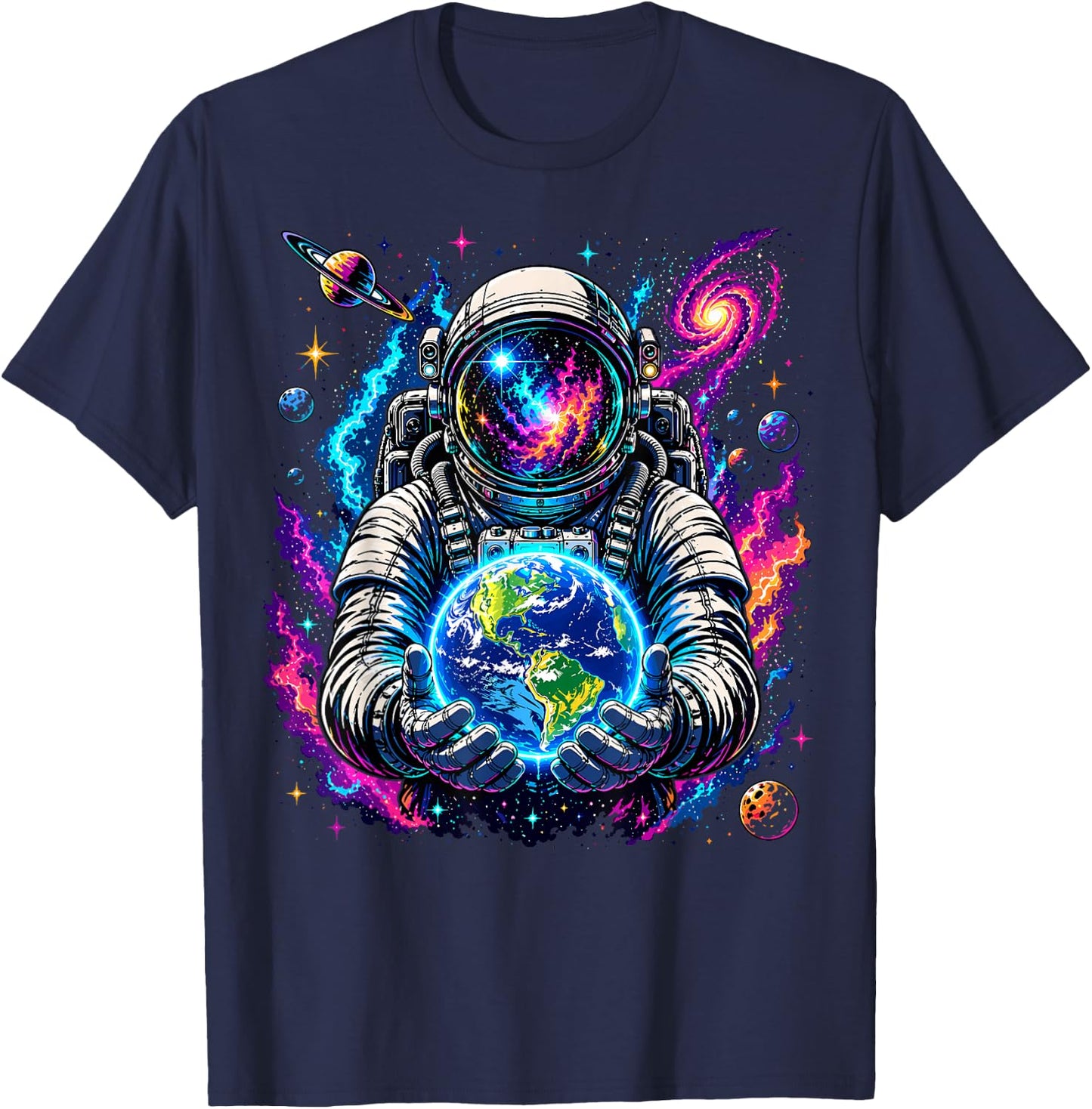 Astronaut Holding Planet Space Science T-Shirt - T-Shirt | Navy