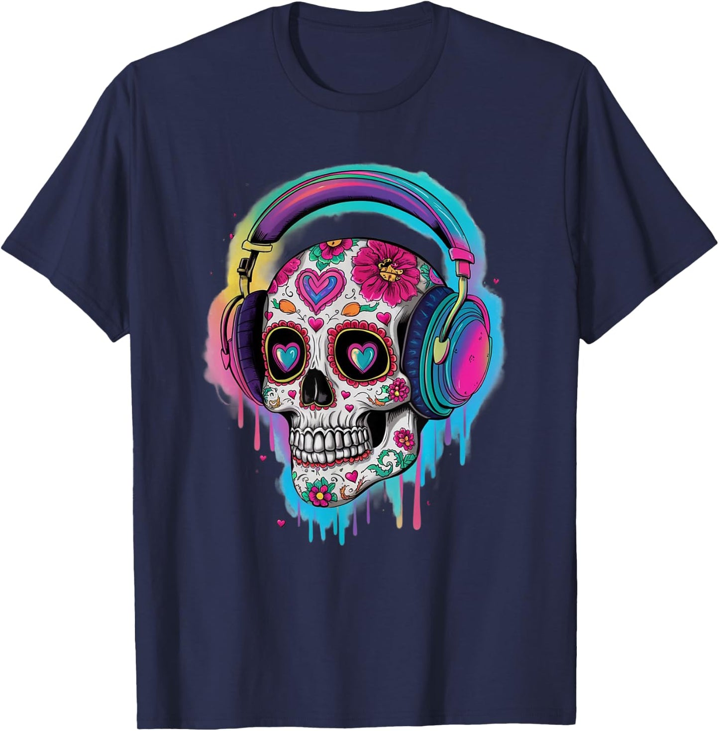 Sugar Skull Headphones Day of Dead Halloween Dia De Muertos T-Shirt - T-Shirt | Navy