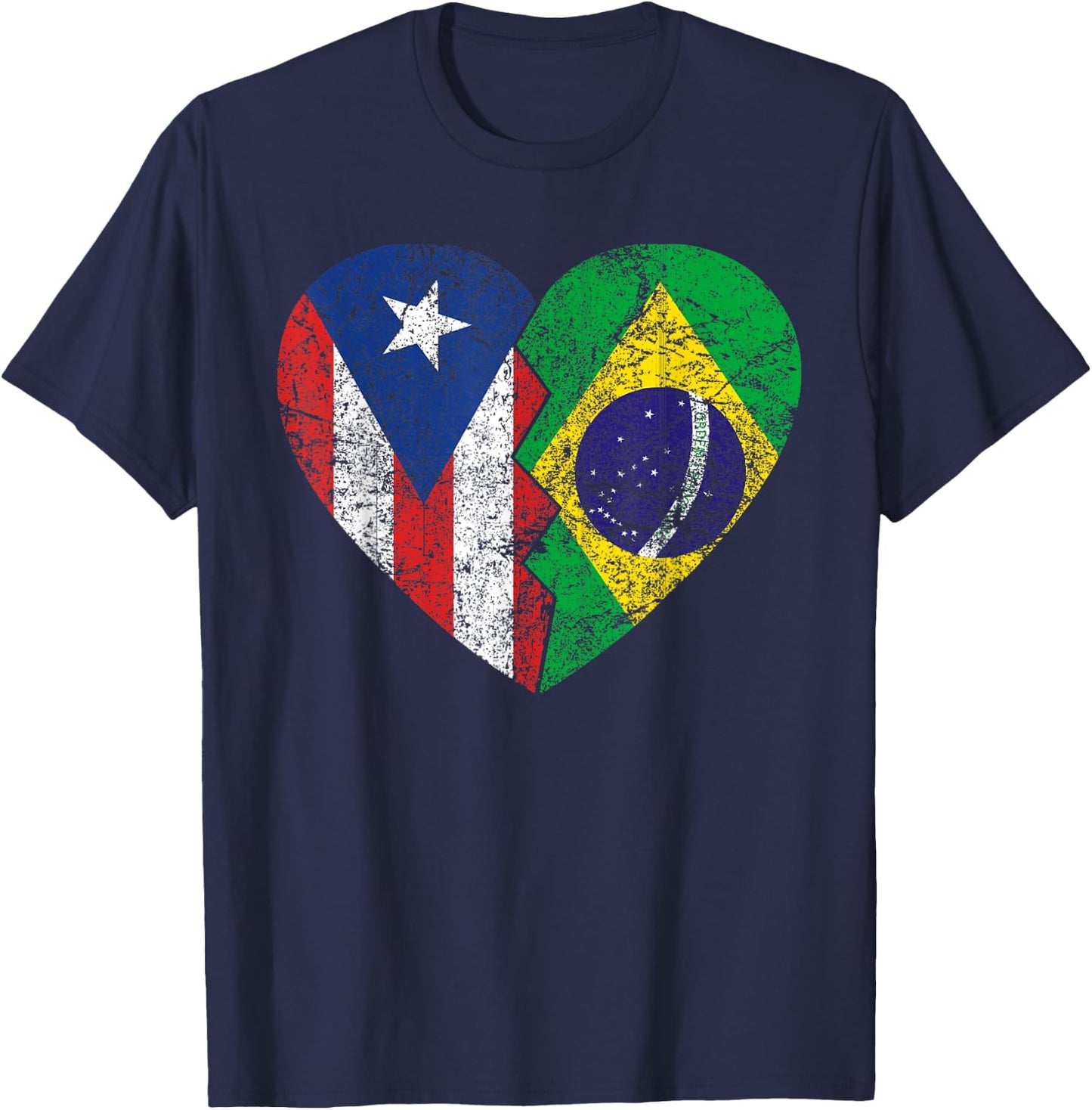 Brazilian Puerto Rican Flags Heart | Puerto Rico Brazil T-Shirt - T-Shirt | Navy