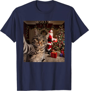 Christmas Cat Selfie with Santa Claus Cute Holiday Photo T-Shirt - T-Shirt | Navy