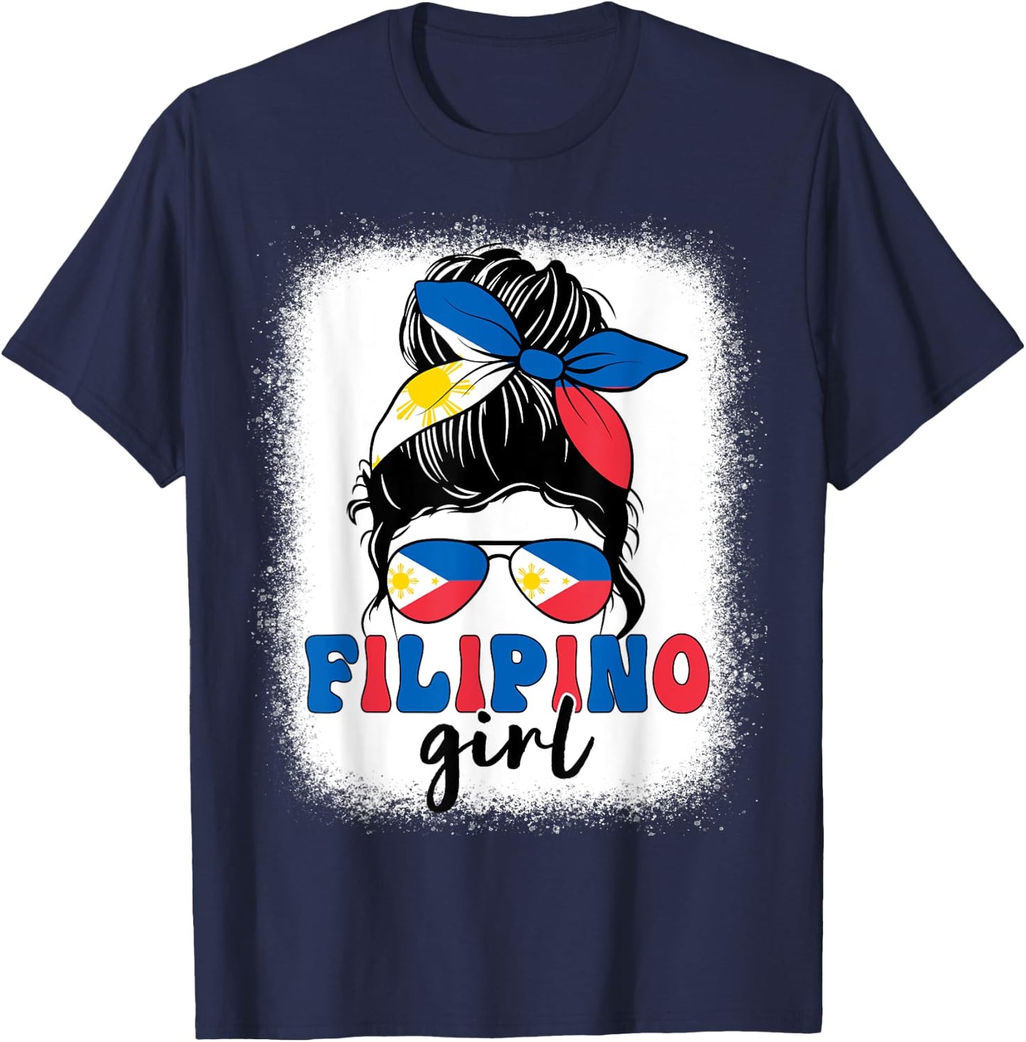 Filipino Girl Messy Bun Philippines Flag Patriotic Women Kid T-Shirt - T-Shirt | Navy