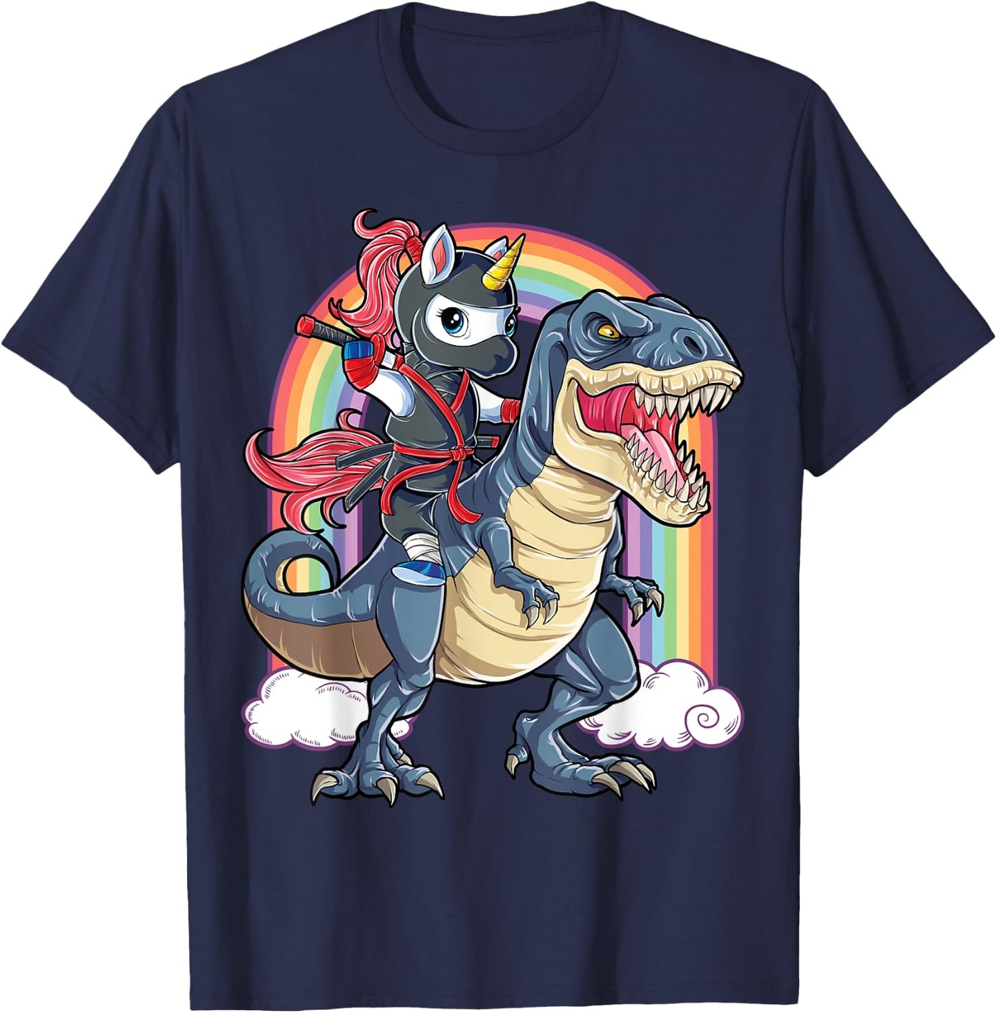Ninja Unicorn Riding Dinosaur T rex Funny Men Women Rainbow T-Shirt - T-Shirt | Navy