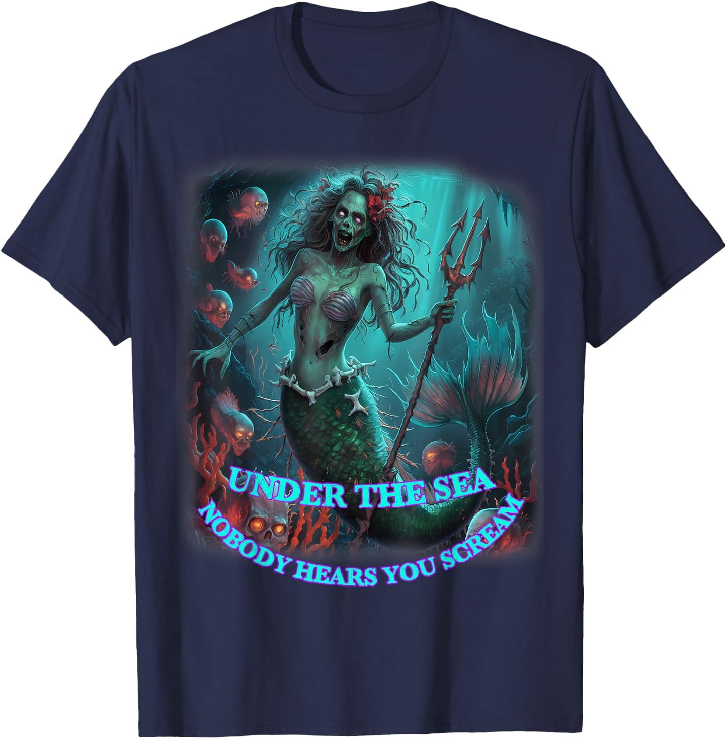 Zombie Mermaid Halloween Spooky Skulls Mermaids Fantasy T-Shirt - T-Shirt | Navy