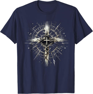 Edgy Punk Art Style Christian Cross Lightning Thorns Grunge T-Shirt - T-Shirt | Navy