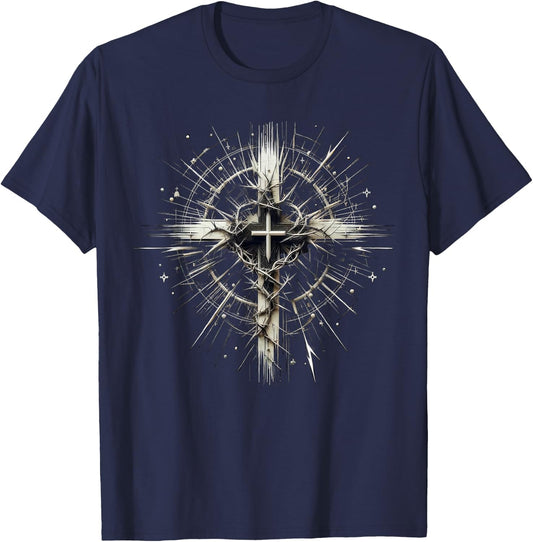 Edgy Punk Art Style Christian Cross Lightning Thorns Grunge T-Shirt - T-Shirt | Navy