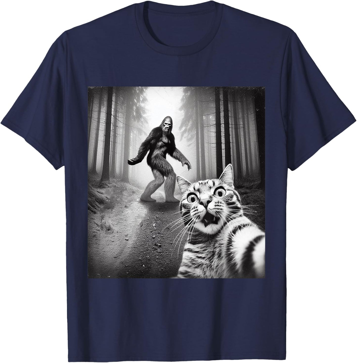 Funny Cat Selfie With Sasquatch Bigfoot T-Shirt - T-Shirt | Navy