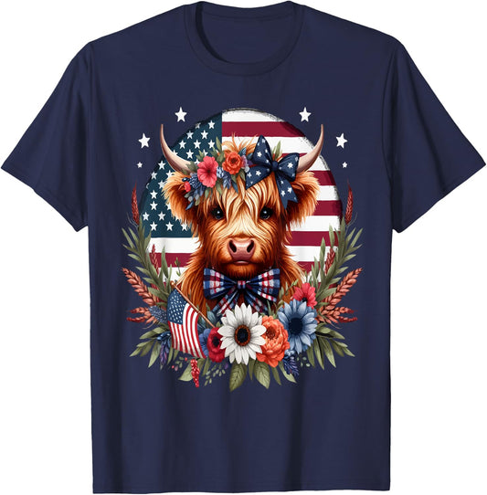 Cute Highland Cow Florals 4th of July USA Flag Patriotic Cow Men T-Shirt - T-Shirt | Navy