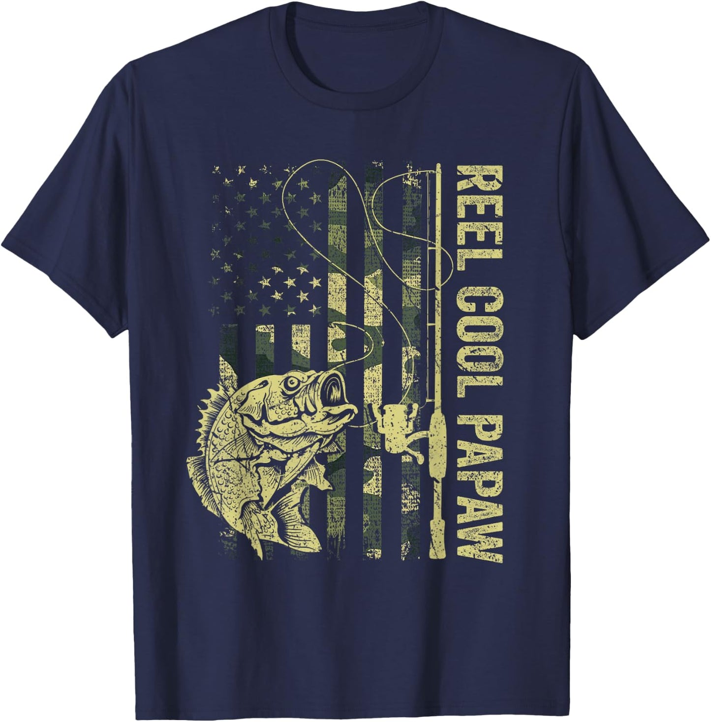 Reel Cool Papaw Camouflage American Flag Father's Day Gift T-Shirt - T-Shirt | Navy