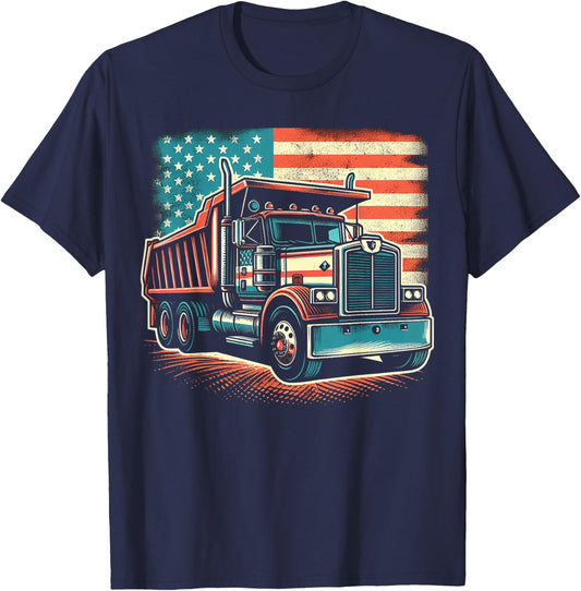 Dump Truck Driver American Flag Trucker Vintage Men Women T-Shirt - T-Shirt | Navy