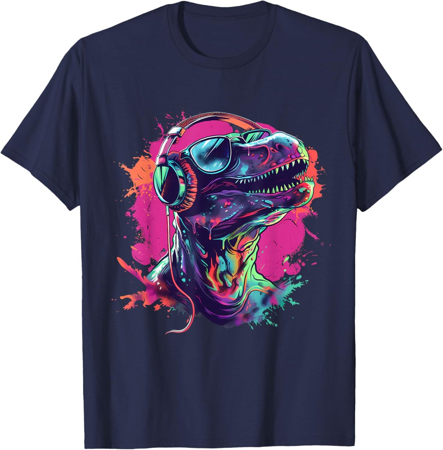 Dinosaur Music DJ Splash Techno Beatmaker Music Headphones T-Shirt - T-Shirt | Navy