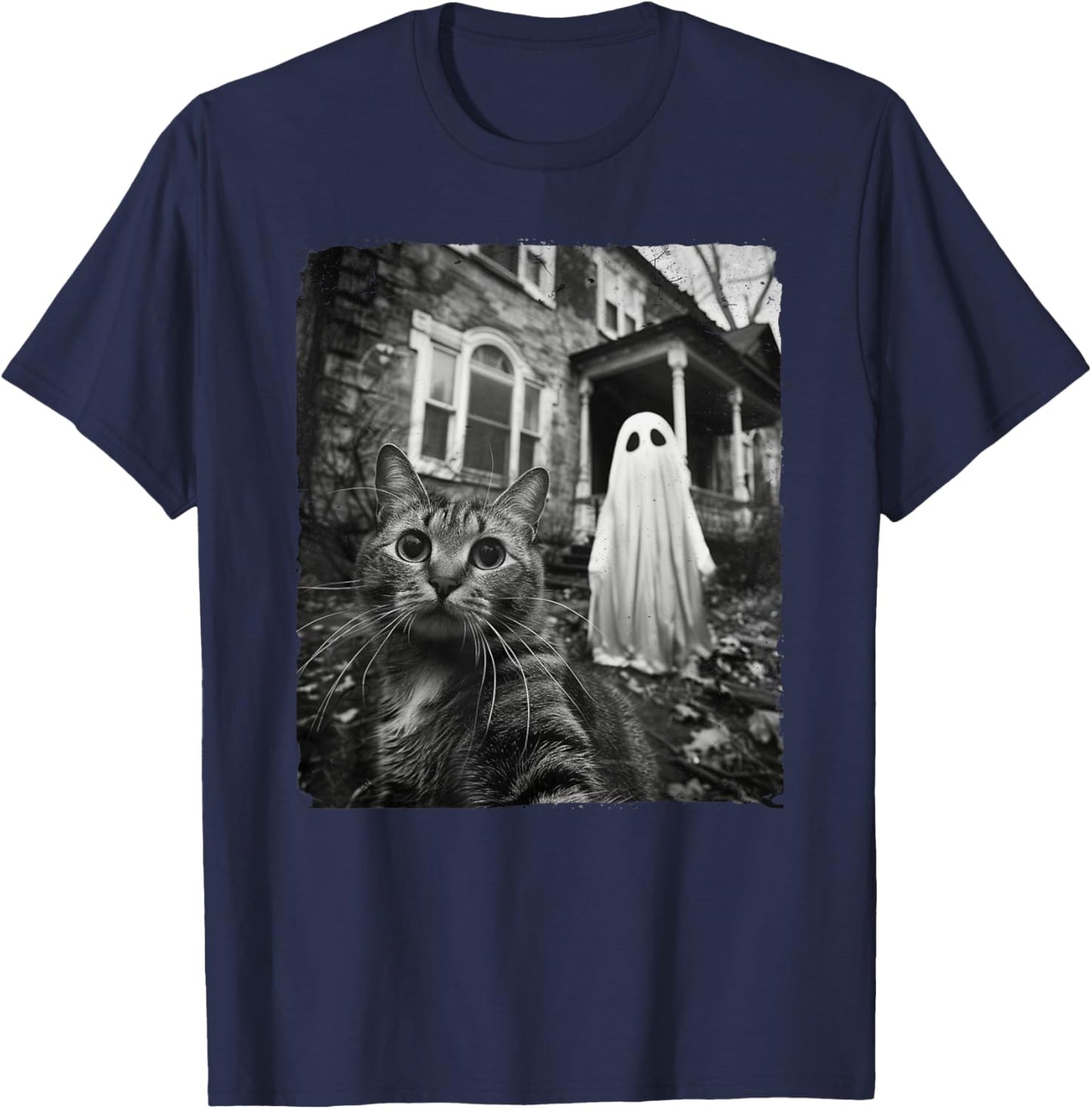 Funny Cat Selfie Ghost Halloween House Photo Haunted Spooky Women Kids T-Shirt - T-Shirt | Navy