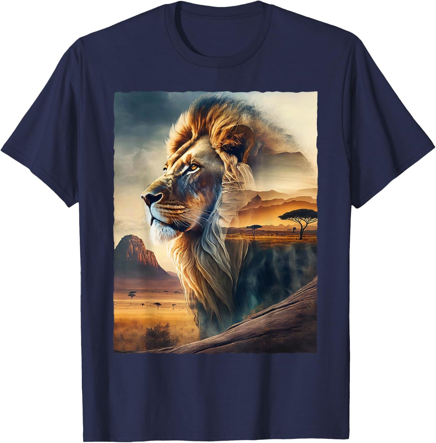 Lion and African Landscape T-Shirt - T-Shirt | Navy
