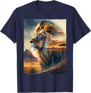Lion and African Landscape T-Shirt - T-Shirt | Navy