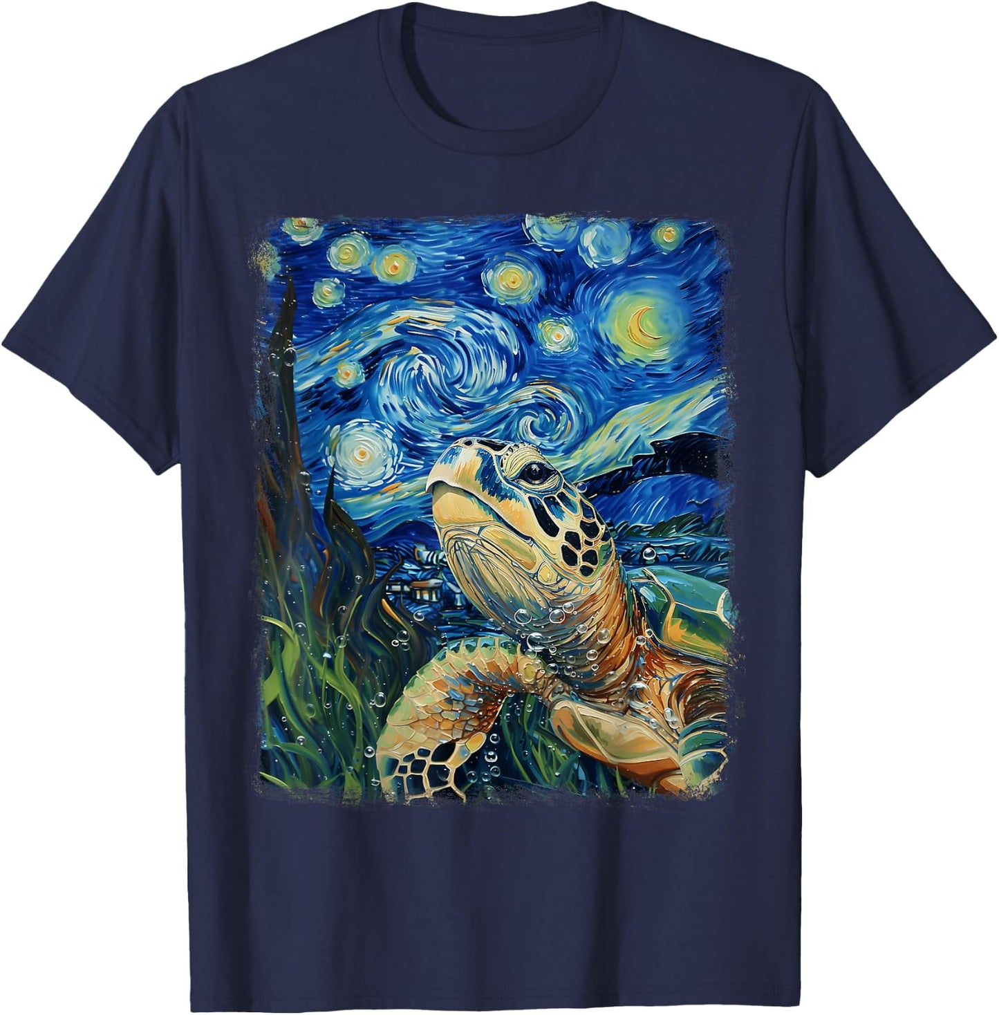 Sea Turtle Ocean Starry Night Painting T-Shirt - T-Shirt | Navy