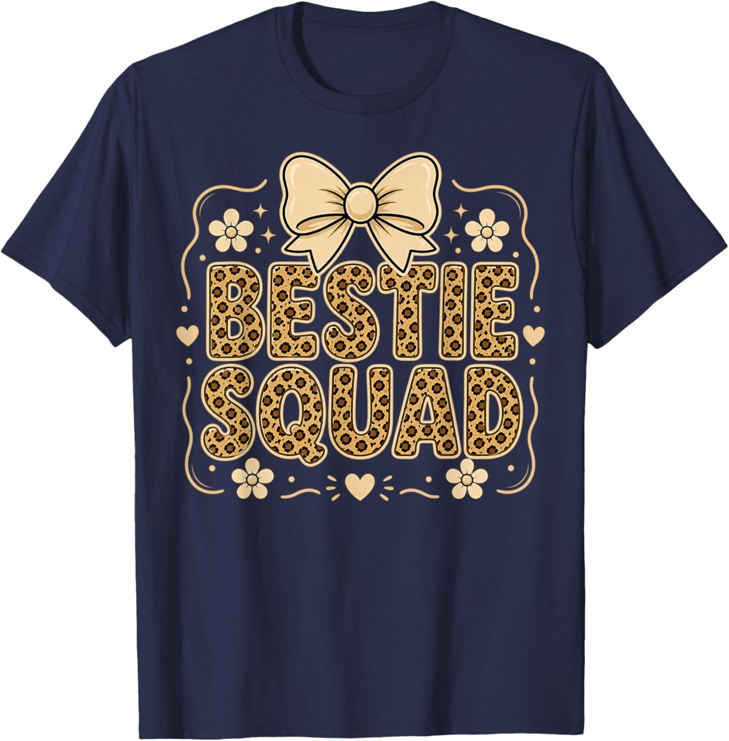 Bestie Squad Leopard Bow Best Friends Matching Girls Party T-Shirt - T-Shirt | Navy