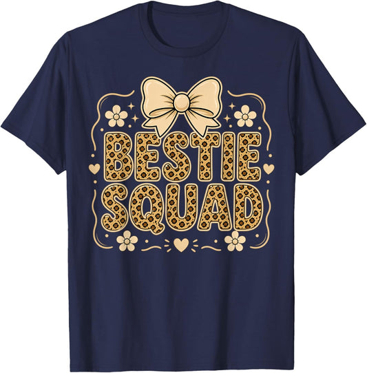 Bestie Squad Leopard Bow Best Friends Matching Girls Party T-Shirt - T-Shirt | Navy
