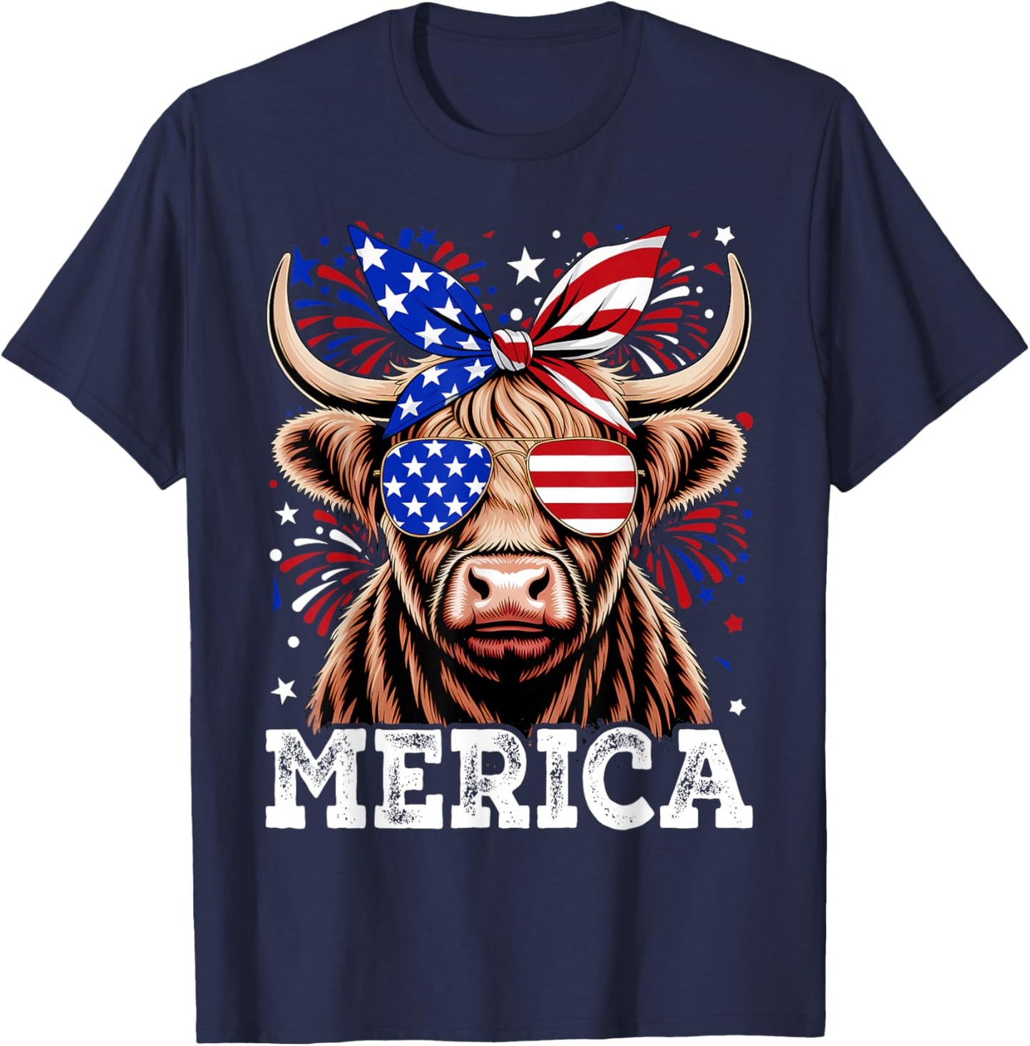 4th Of July Highland Cow Merica American Farm Men Women T-Shirt - T-Shirt | Navy