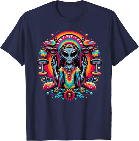 Tie Dye Alien Peace Sign Funny Boho Hippie T-Shirt - T-Shirt | Navy