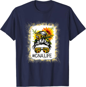 CNA Life Messy Hair Bun Sunflower Women Mother's Day T-Shirt - T-Shirt | Navy