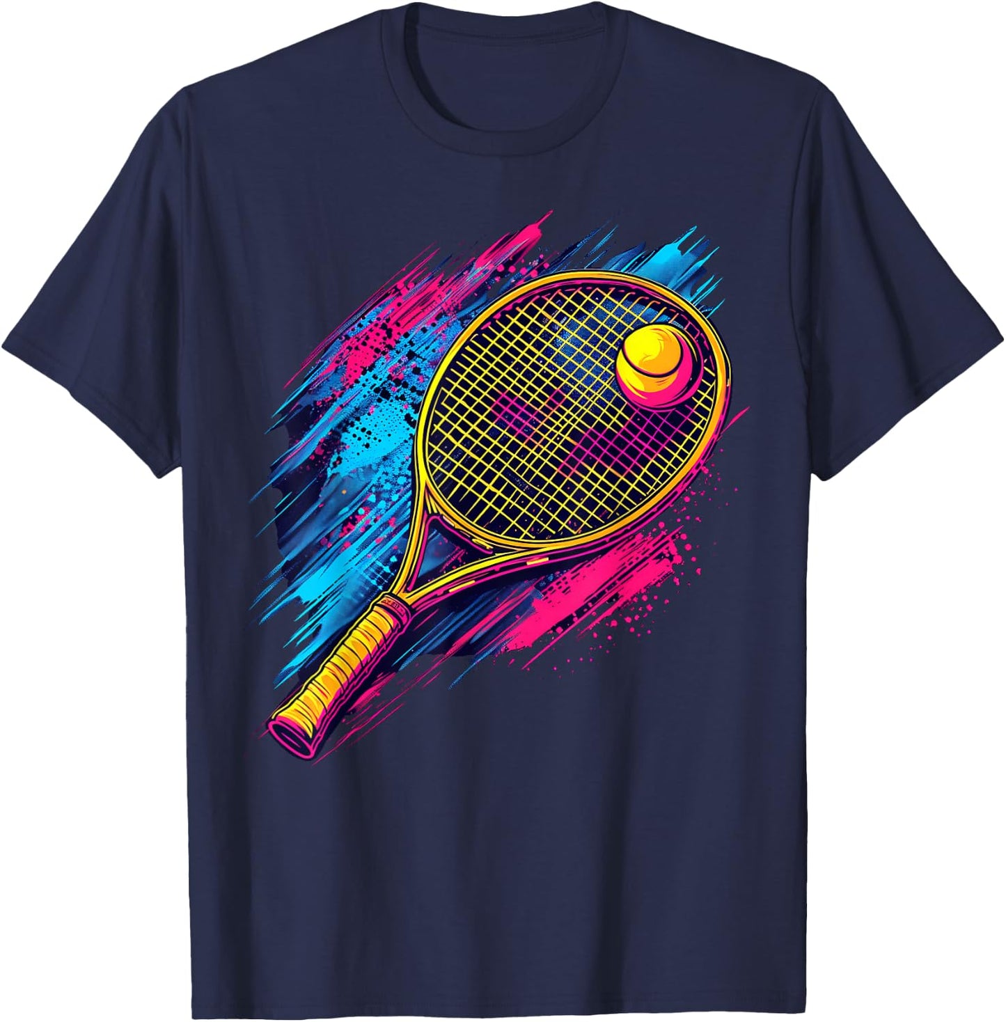 Colorful painted Tennis Racket and Ball on artistic Tennis T-Shirt - T-Shirt | Navy