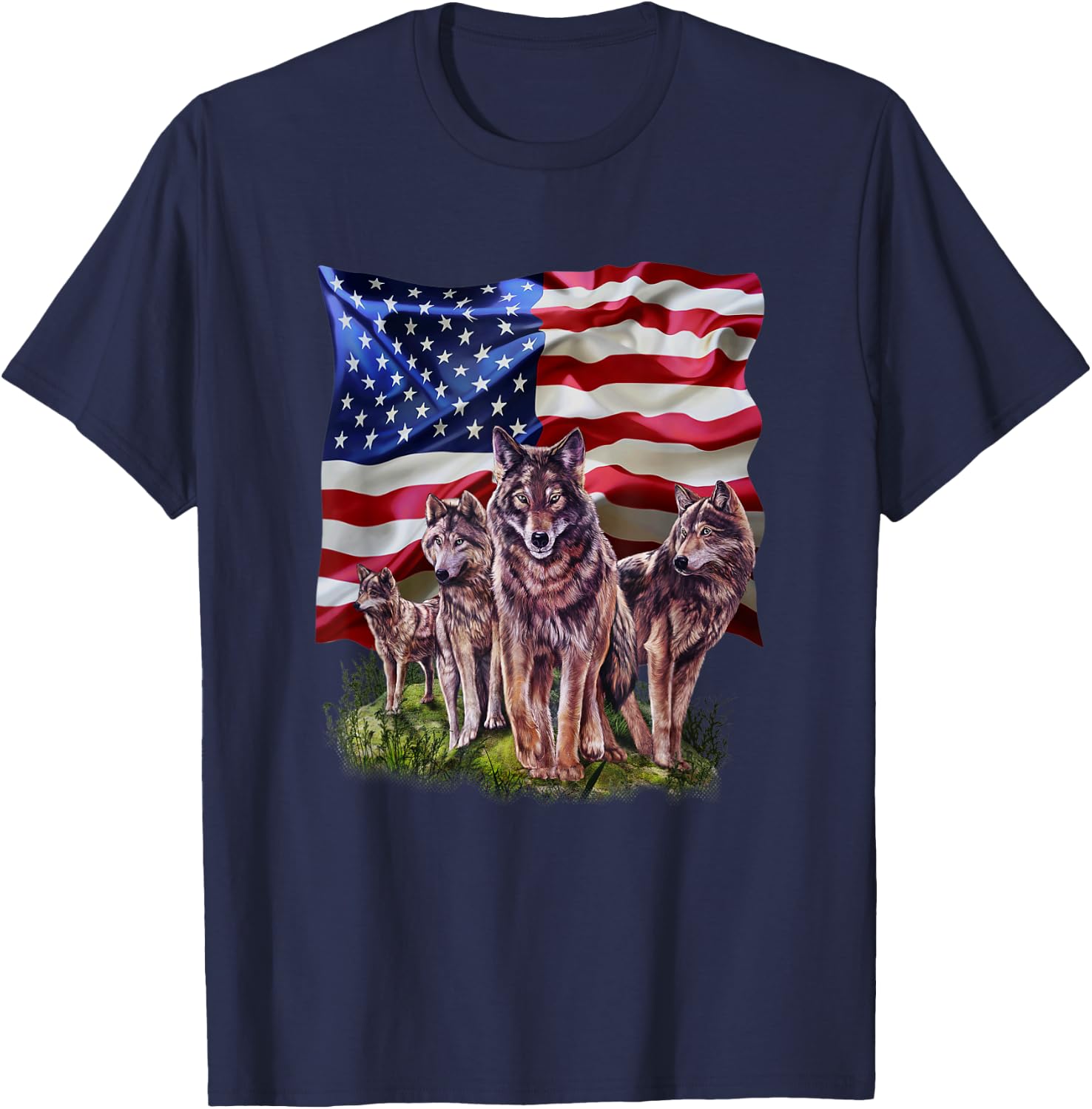 Wolf Family with Flag of USA T-Shirt - T-Shirt | Navy