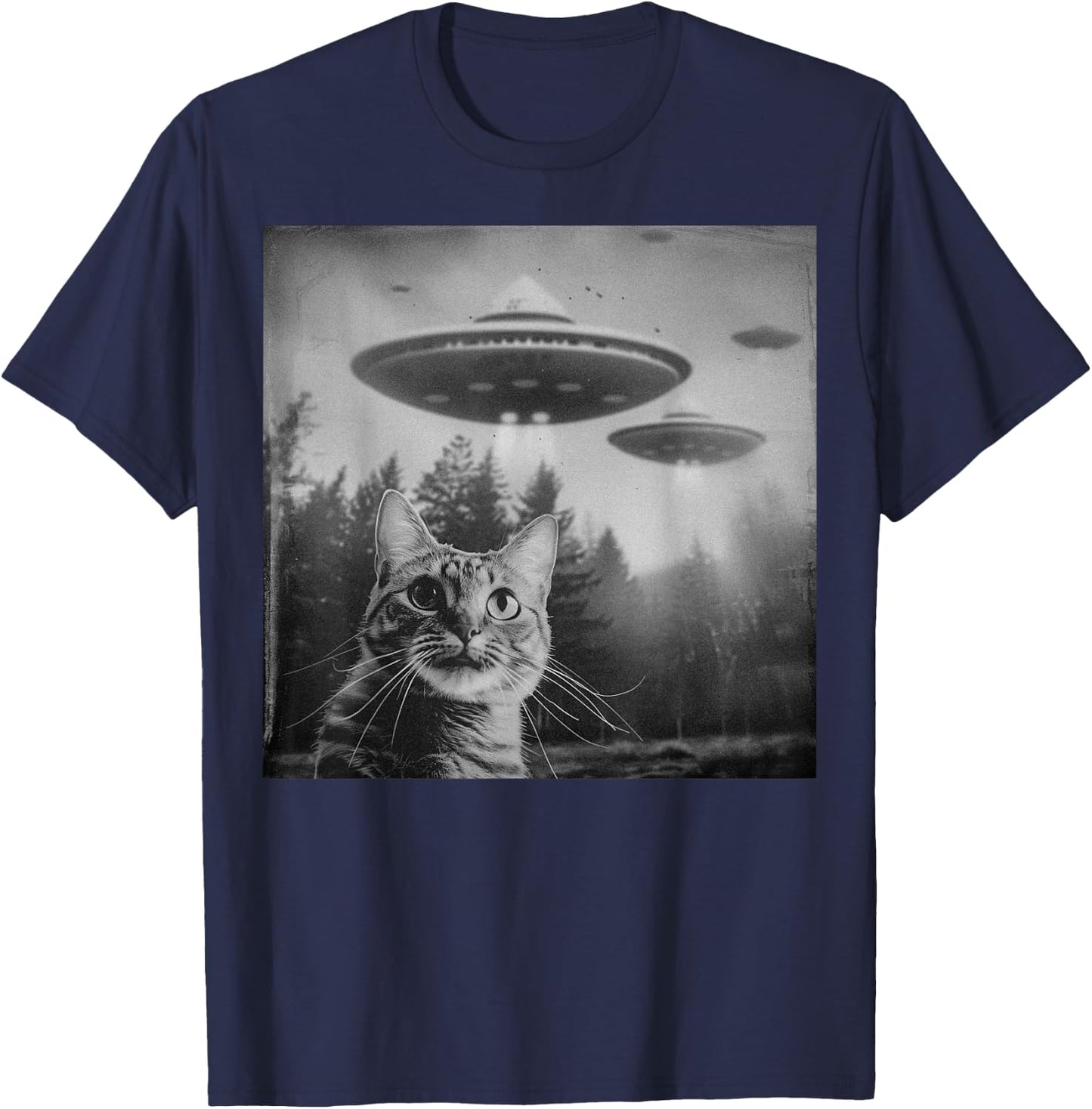Funny Cat UFO Alien Weirdcore Aesthetic Artwork T-Shirt - T-Shirt | Navy