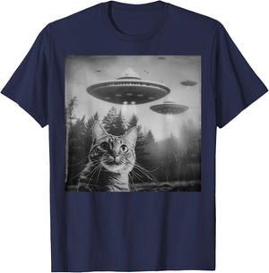 Funny Cat UFO Alien Weirdcore Aesthetic Artwork T-Shirt - T-Shirt | Navy
