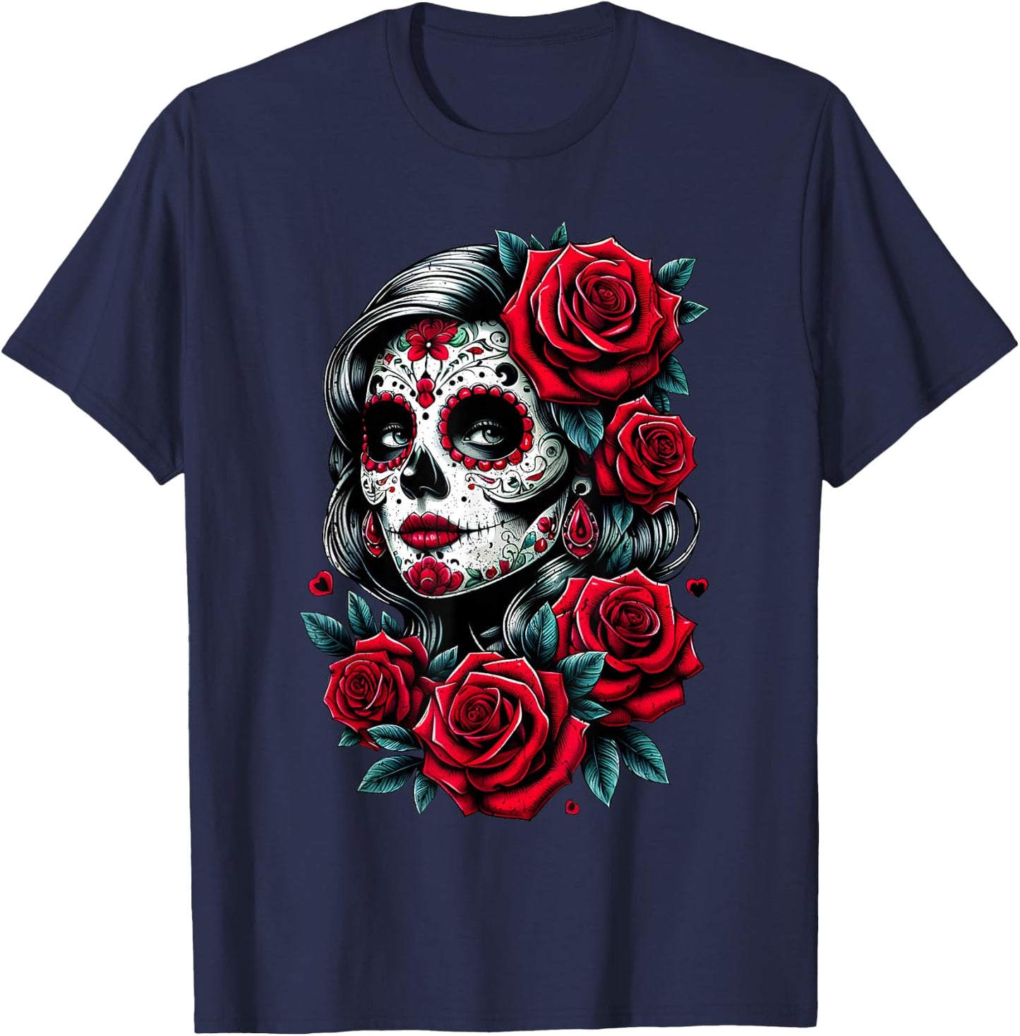 Dia de Muertos Cinco de Mayo Sugar Skull Women Red Roses T-Shirt - T-Shirt | Navy