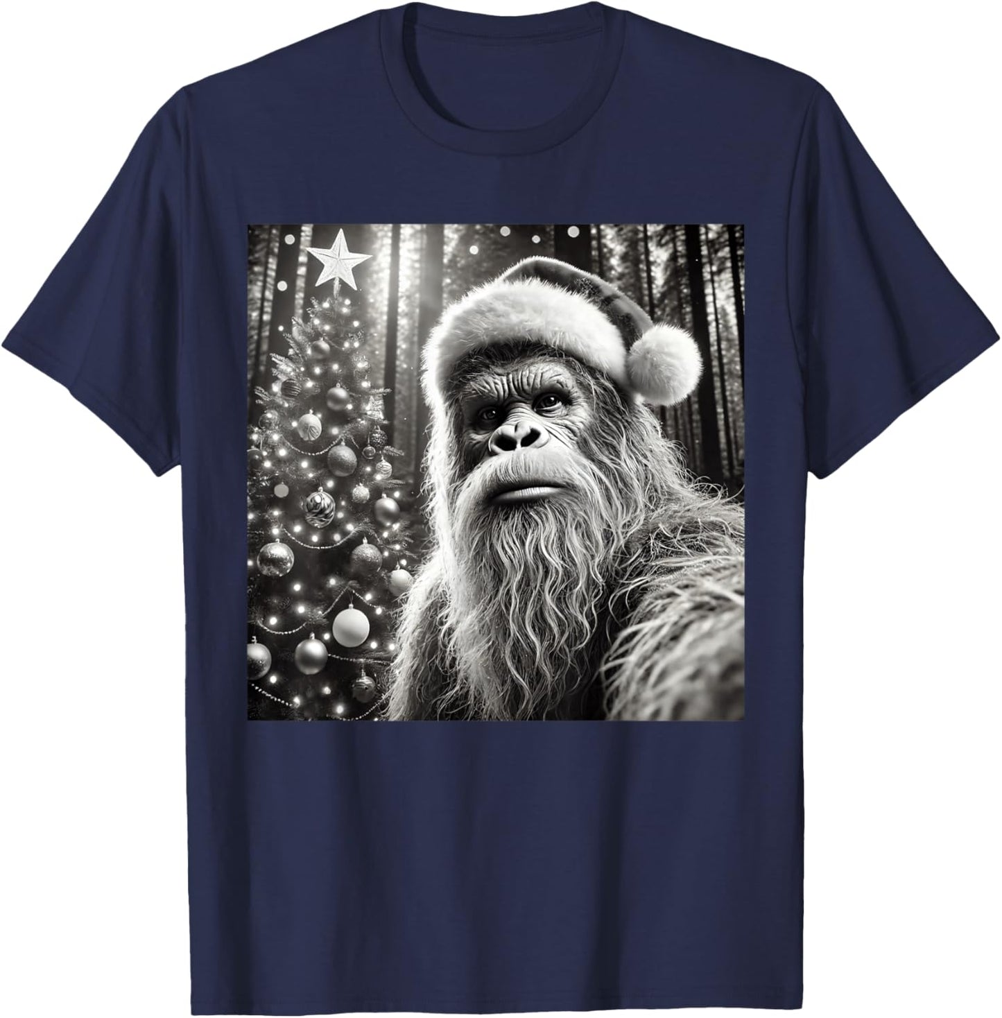 Funny Christmas Bigfoot -Adults Bigfoot Selfie with Christmas Tree Funny Sasquatch Design Black Short Sleeve Small T-Shirt - T-Shirt | Navy