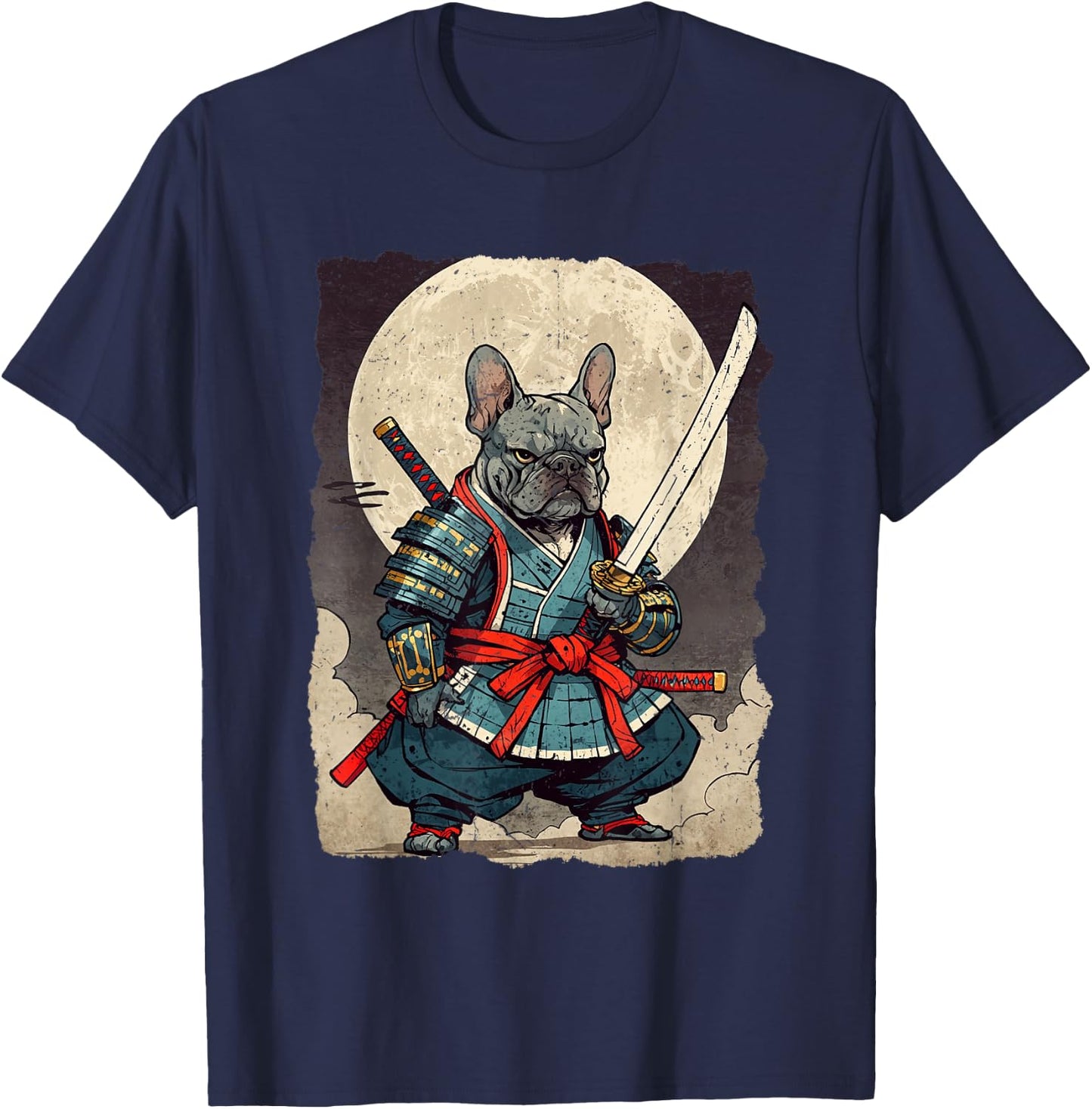 Bulldog Samurai Japanese Retro Ukiyoe Warrior French Bulldog T-Shirt - T-Shirt | Navy