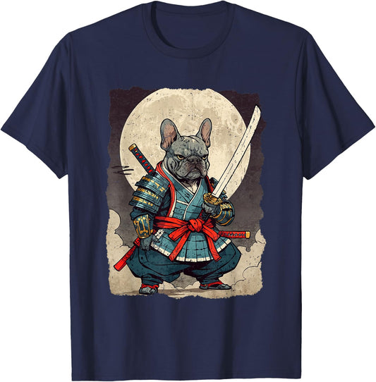 Bulldog Samurai Japanese Retro Ukiyoe Warrior French Bulldog T-Shirt - T-Shirt | Navy