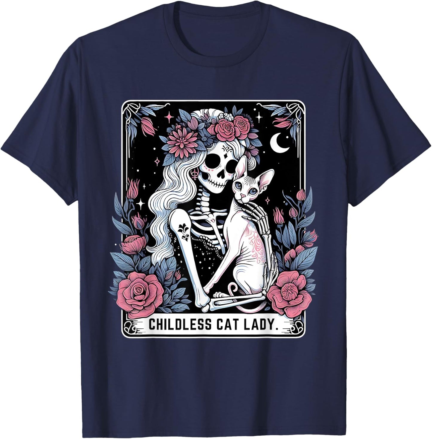 Childless Cat Lady Sphynx Tarot Card Cute Gothic Skeleton T-Shirt - T-Shirt | Navy