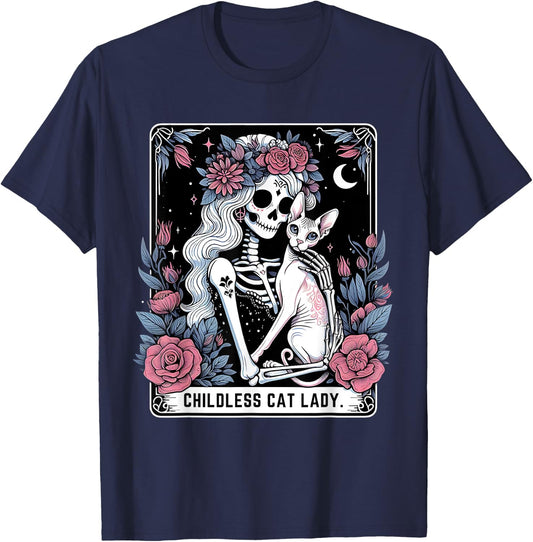Childless Cat Lady Sphynx Tarot Card Cute Gothic Skeleton T-Shirt - T-Shirt | Navy