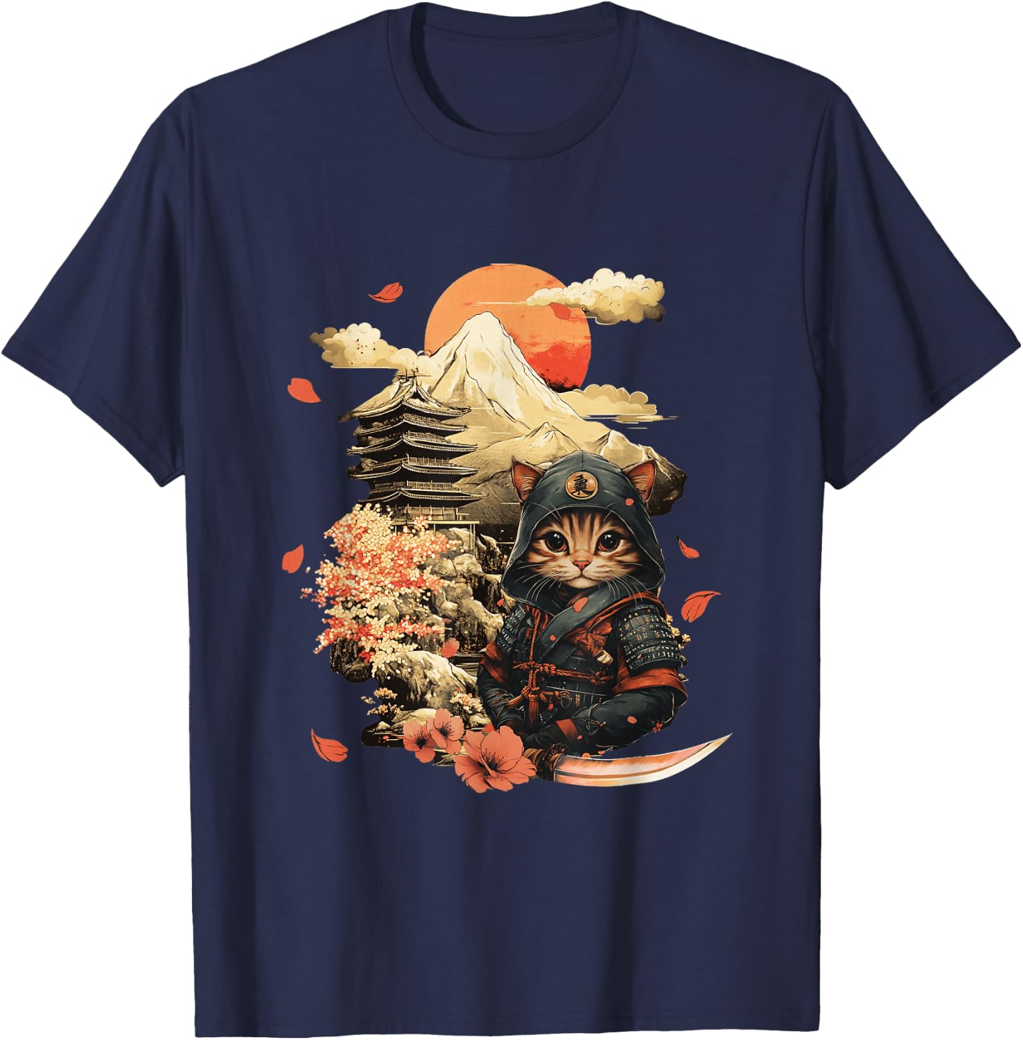 Vintage Japanese Samurai Ninja Cat Tattoo Kawaii T-Shirt - T-Shirt | Navy