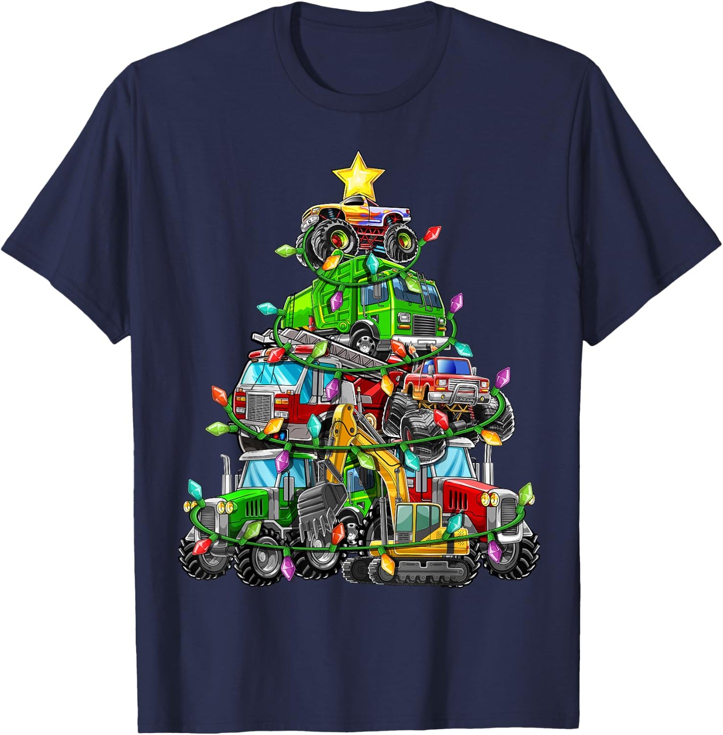 Christmas Tree Monster Truck Tractor Excavator Firetruck Boy T-Shirt - T-Shirt | Navy