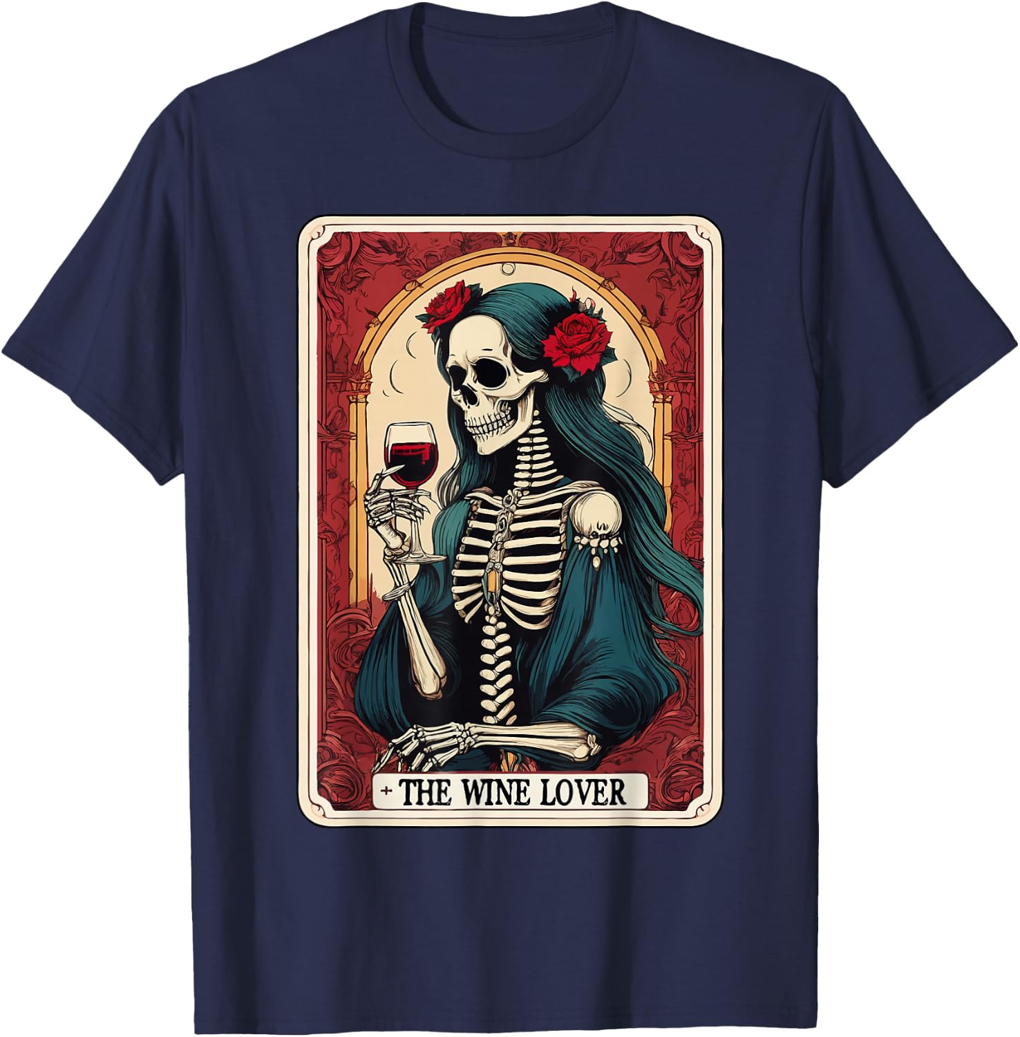 Wine Lover Tarot Card Skeleton Drinking Wine Goth Halloween T-Shirt - T-Shirt | Navy