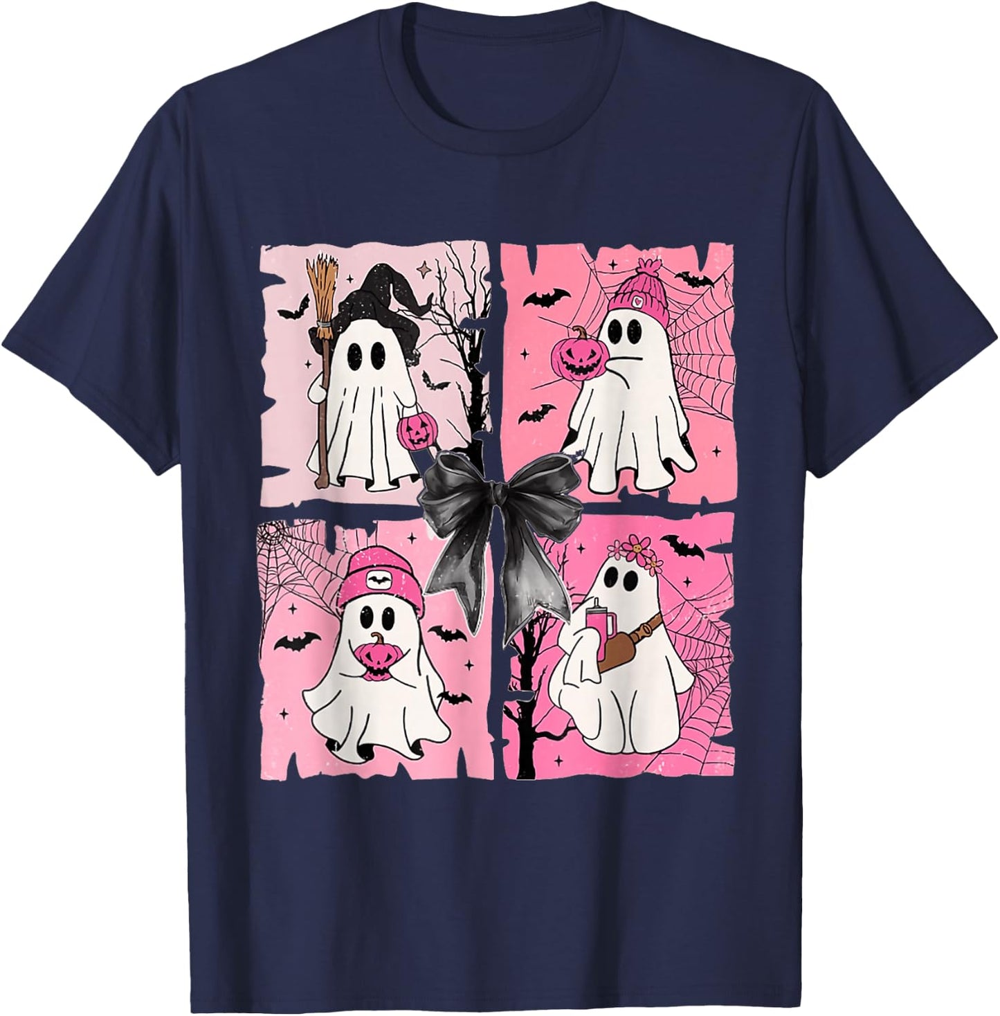 Girly Coquette Bow Ghost Spooky Season Halloween T-Shirt - T-Shirt | Navy
