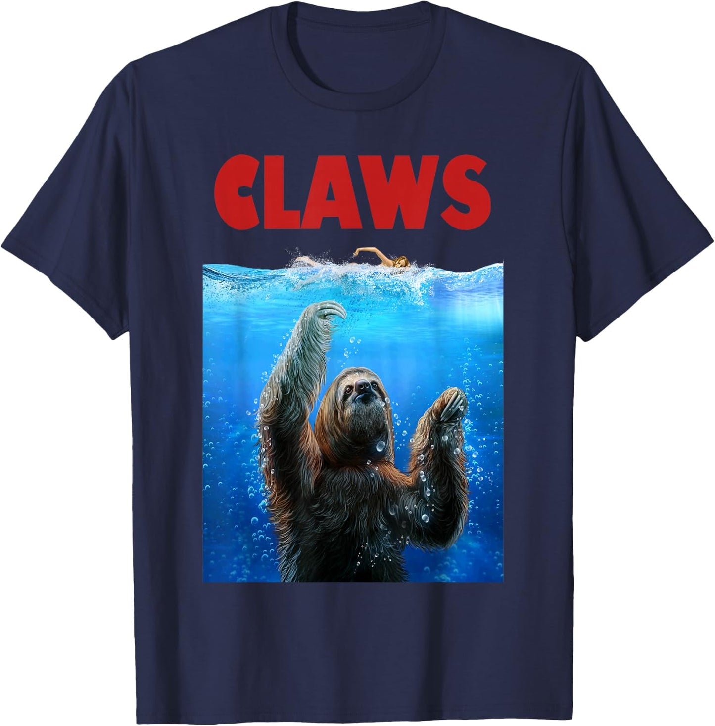 Giant Sloth Terrorizing Swimmer, Beware of Claws T-Shirt - T-Shirt | Navy
