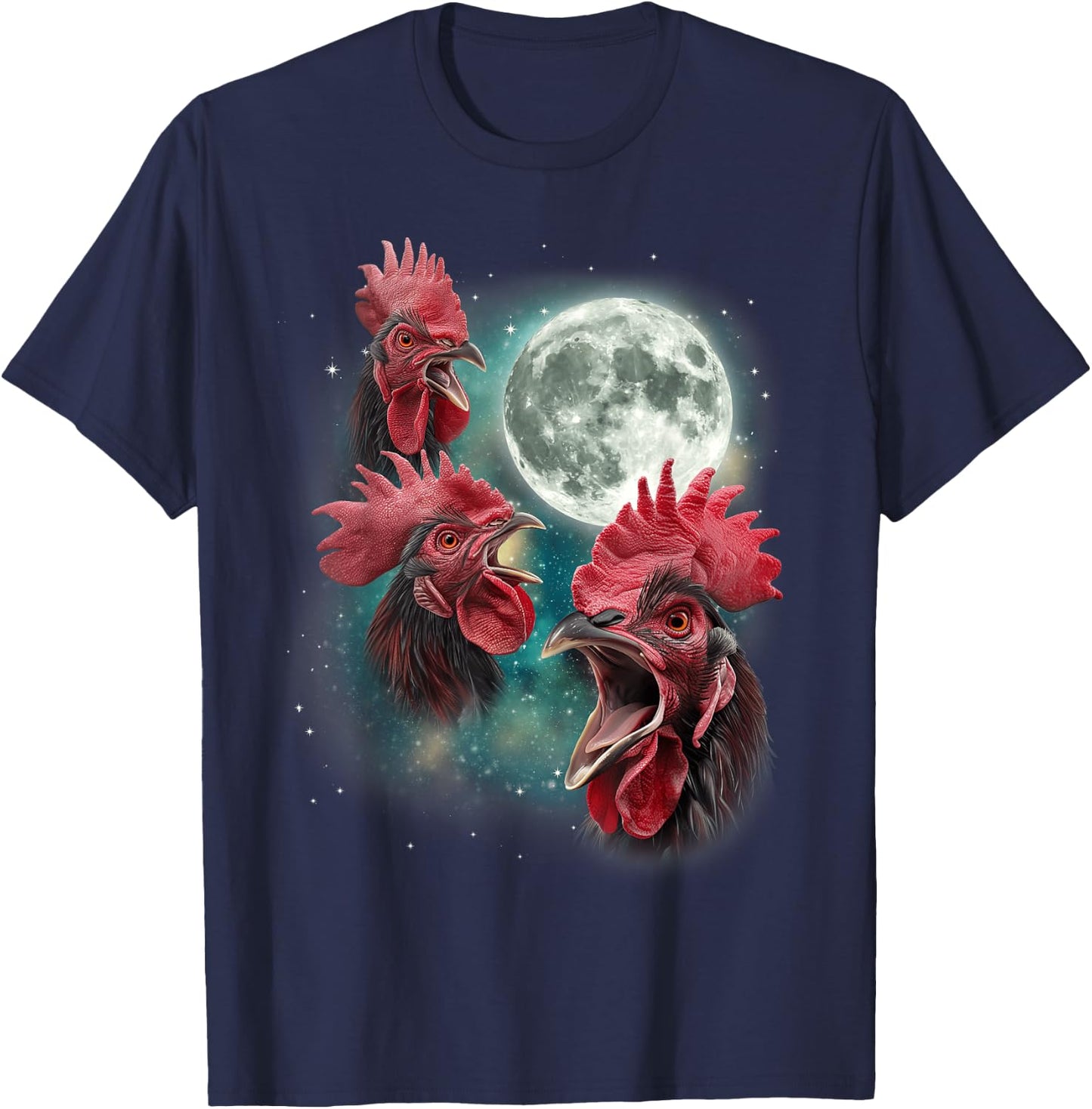 Three Rooster Moon | 3 Chickens Cluck At Moon Cursed Farm T-Shirt - T-Shirt | Navy