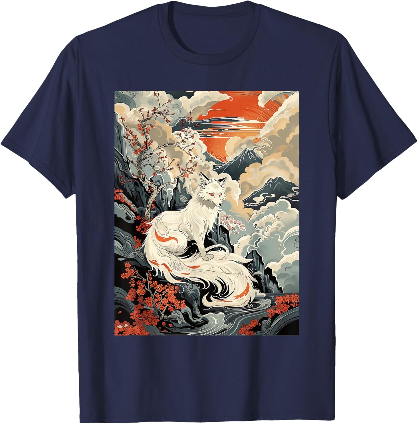 Vintage Japanese Woodblock Art Of Nine Tails Fox Kitsune Art T-Shirt - T-Shirt | Navy
