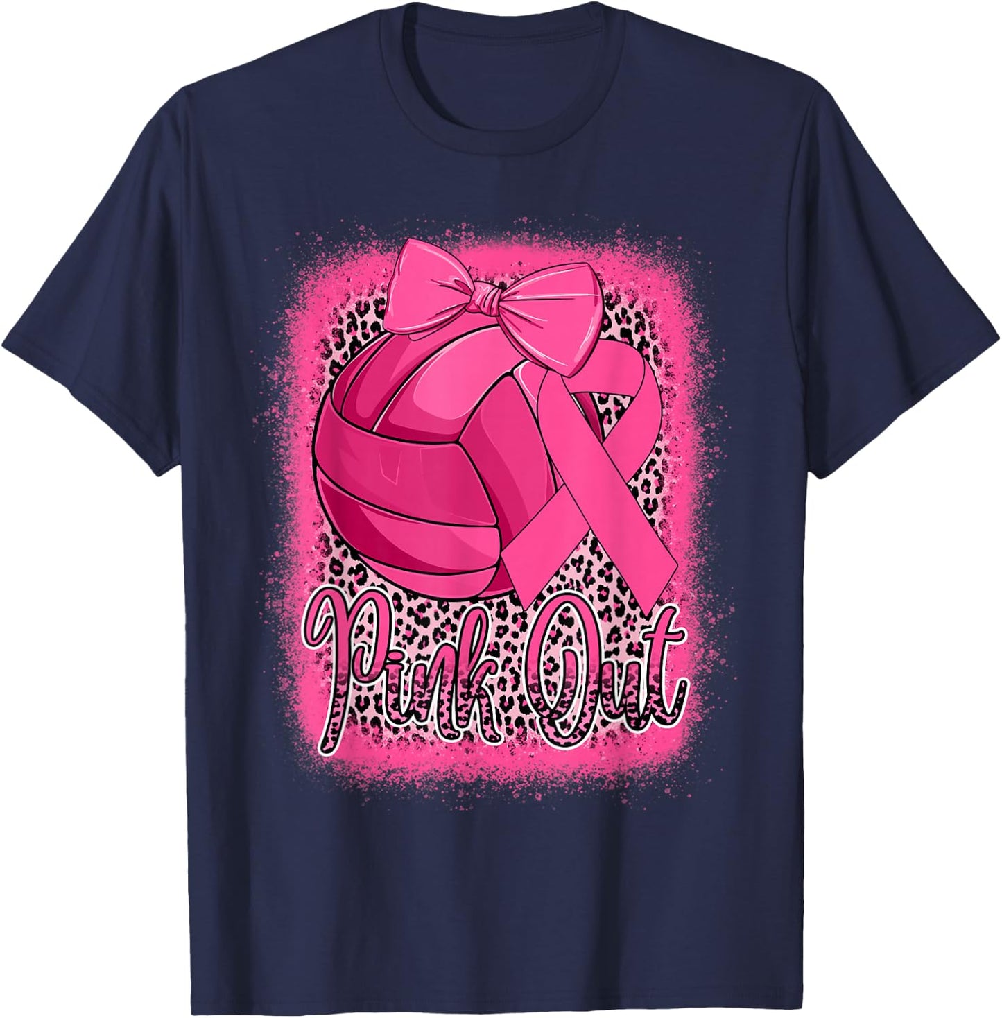 Pink Out Breast Cancer Awareness Volleyball Leopard Bleached T-Shirt - T-Shirt | Navy