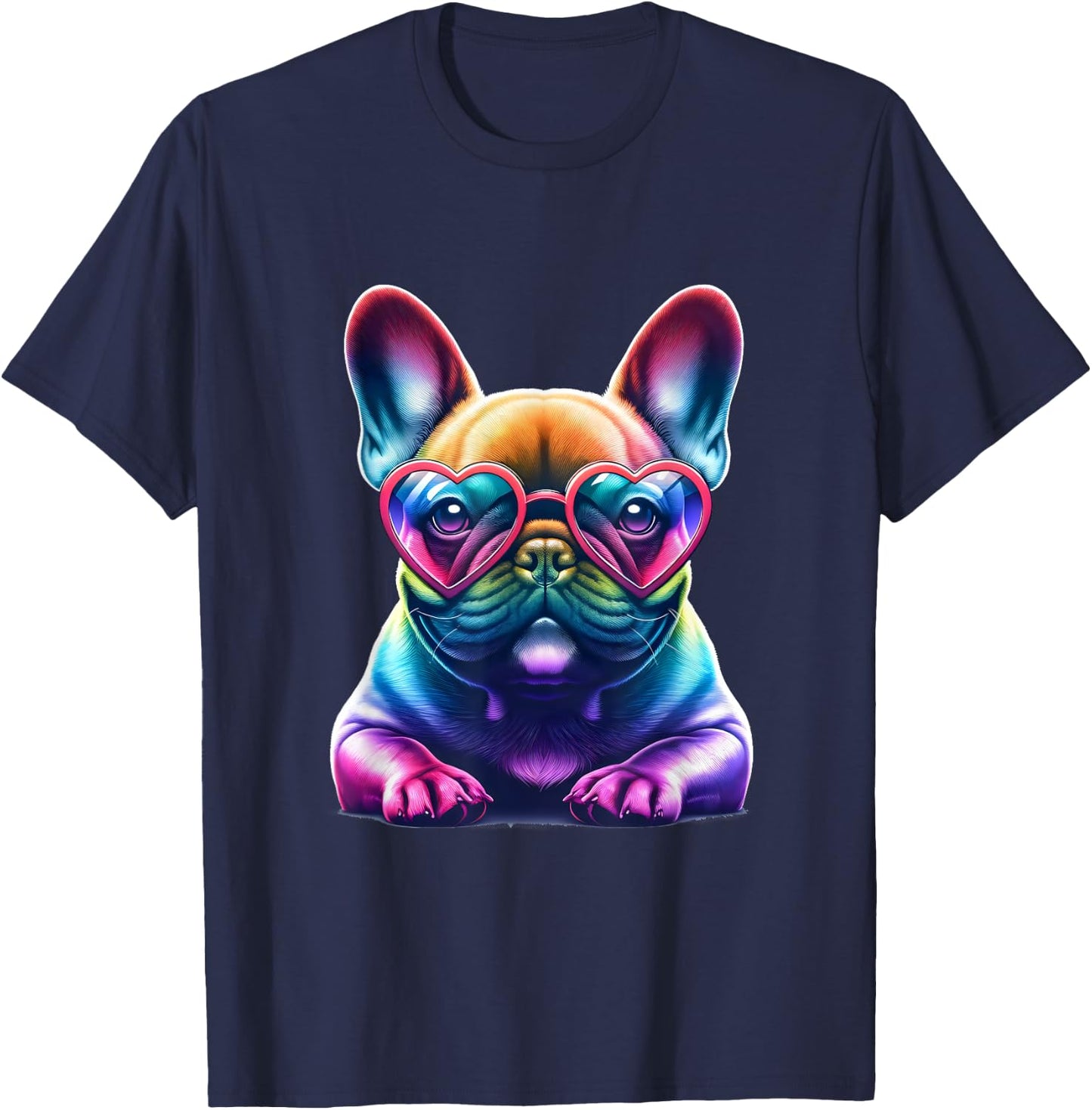 Rainbow Frenchie Wearing Heart Glasses Puppy Love Dog Funny T-Shirt - T-Shirt | Navy