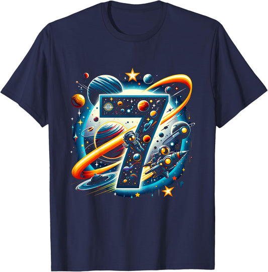 Kids Astronaut 7th Birthday Space Boys 7 Years Spaceship T-Shirt - T-Shirt | Navy