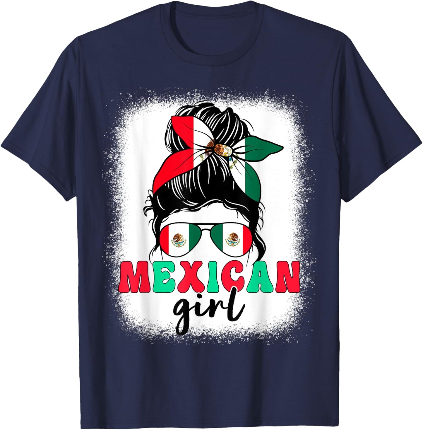 Mexican Girl Messy Bun Mexico Flag Patriotic Women Kids T-Shirt - T-Shirt | Navy